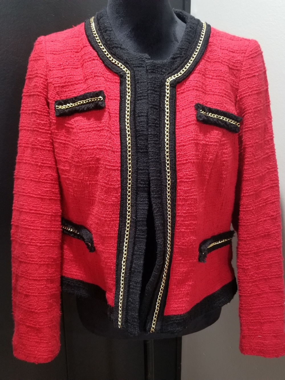 Chicos Red Tweed Chain-Trim Women's Red And Black Jacket Blazer L
